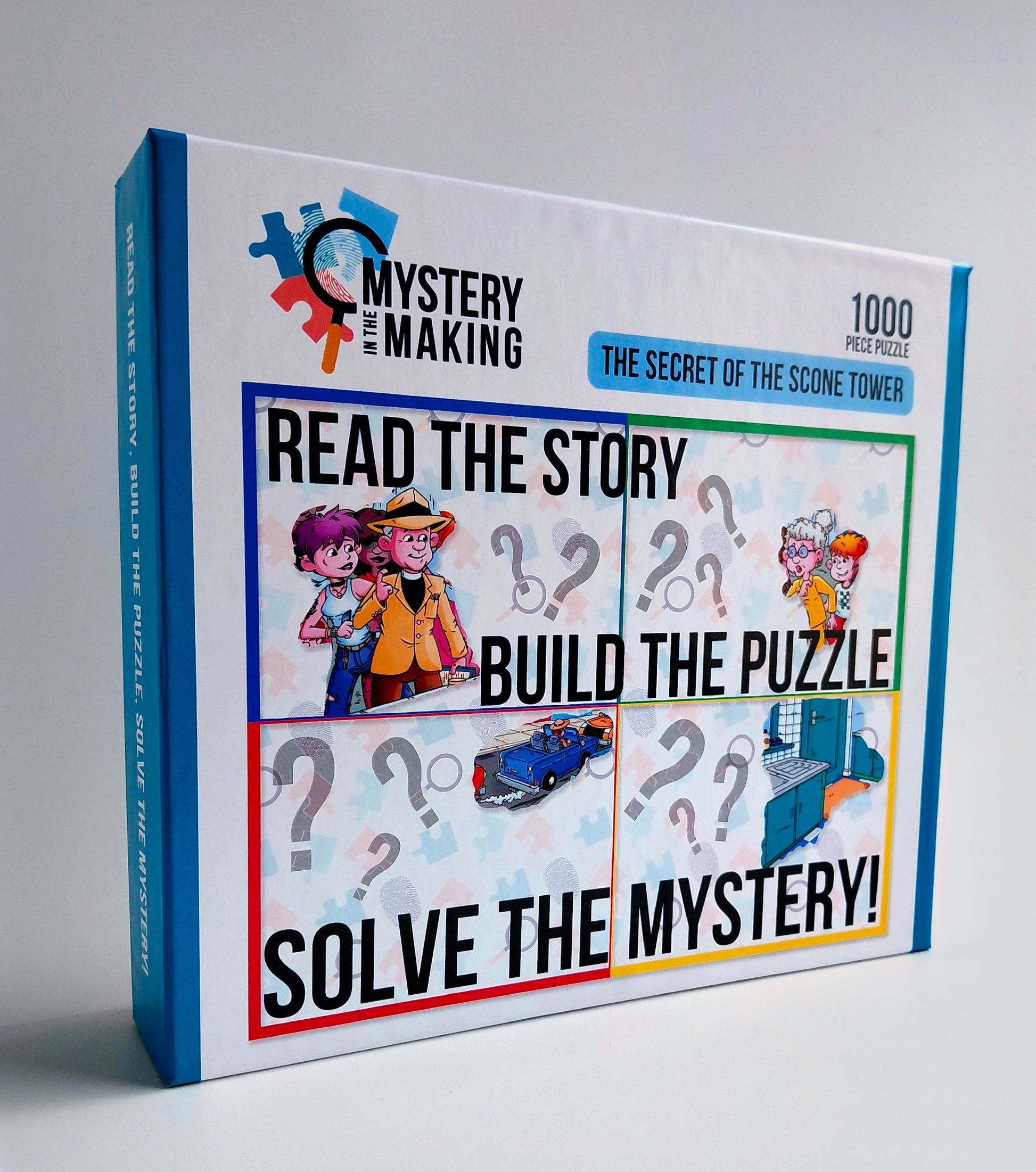 Mystery Jigsaw Puzzle box titled 'Mystery in the Making, The Secret Of The Scone Tower ' with illustrations and text 
