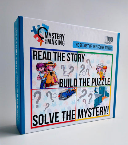 Mystery Jigsaw Puzzle box titled 'Mystery in the Making, The Secret Of The Scone Tower ' with illustrations and text 