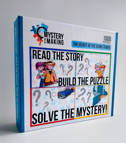 Mystery Jigsaw Puzzle box titled 'Mystery in the Making, The Secret Of The Scone Tower ' with illustrations and text 