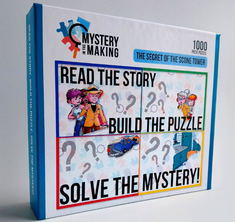 A boxed 1000-piece jigsaw puzzle titled 'The Mystery of the Scone Tower' by Mystery Making. The box features colorful cartoon illustrations, large text reading 'Read the Story, Build the Puzzle, Solve the Mystery!', and a blue side panel.