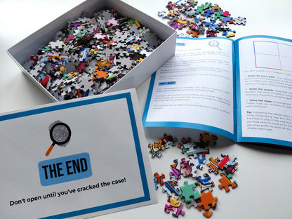 Mystery Jigsaw Puzzle pieces with instructions and final reveal envelope